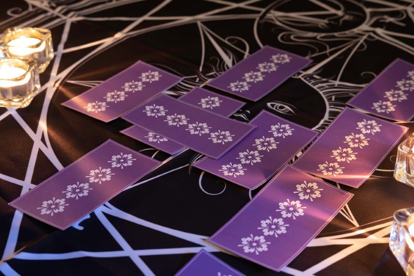 Celtic Cross Tarot Spread On Table With Tea Lights Consisting Of 10 Tarot Cards In Specific Layout