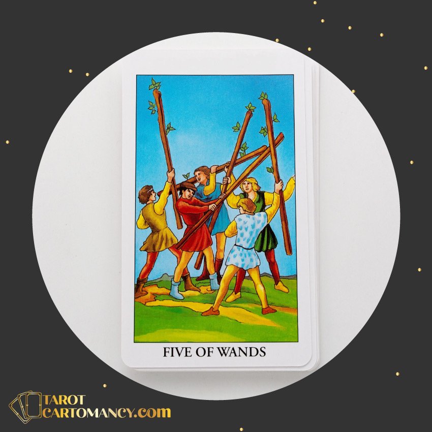 Five of Wands as Love Outcome Upright Tarot Card Meaning