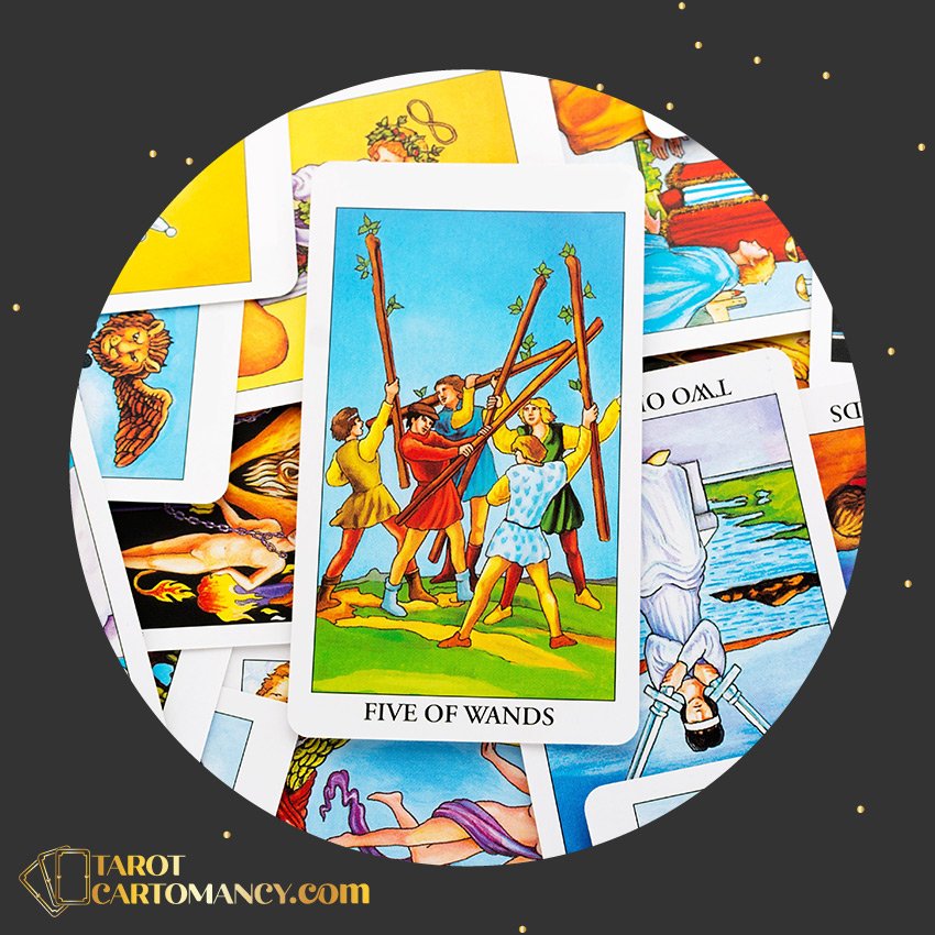 Five of Wands on Top of Other Tarot Cards in Context of Love Outcome