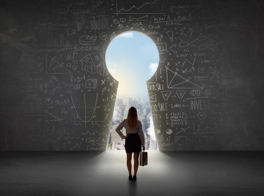Symbolic Representation Of Woman In Business Attire Looking Through Keyhole At Business District In Context Of Career Path Spread