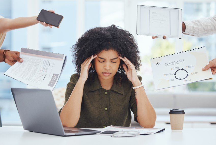 Young Lady With Eyes Closed Touches Her Temples With Both Hands Because Of The Stress And Tasks Symbolizing Career And Finance And The Role Of Tarot